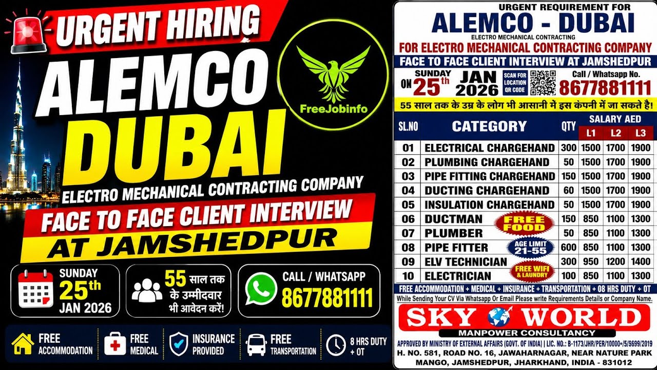 ALEMCO Dubai Urgent Jobs 2026 | Electrical, Plumber, Pipe Fitter | Face to Face Interview Jamshedpur