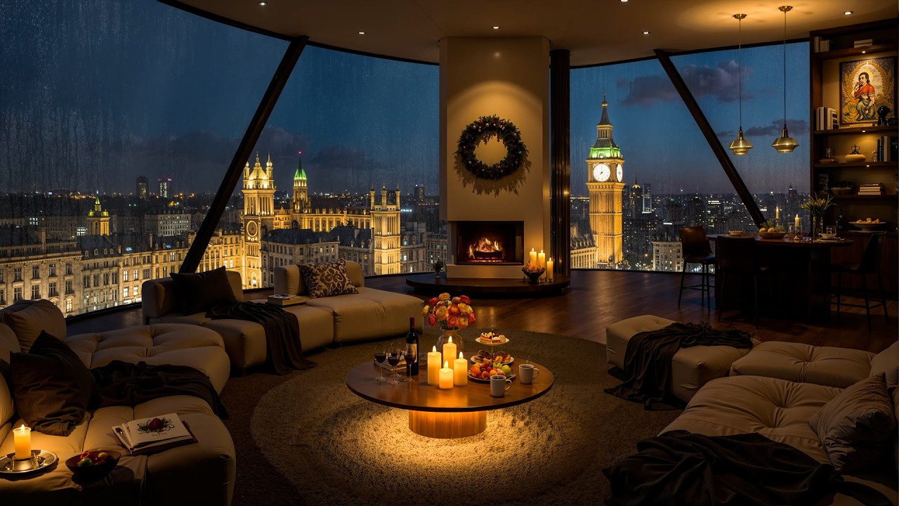 Luxury London Apartment on Rainy Night 🌃 Soothing Jazz Music & Rain Sounds for Relaxing, Sleeping