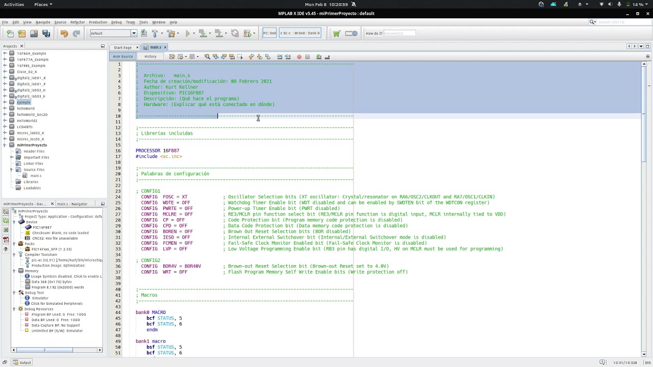Tu primer proyecto en MPLAB X con assembler (pic-as)