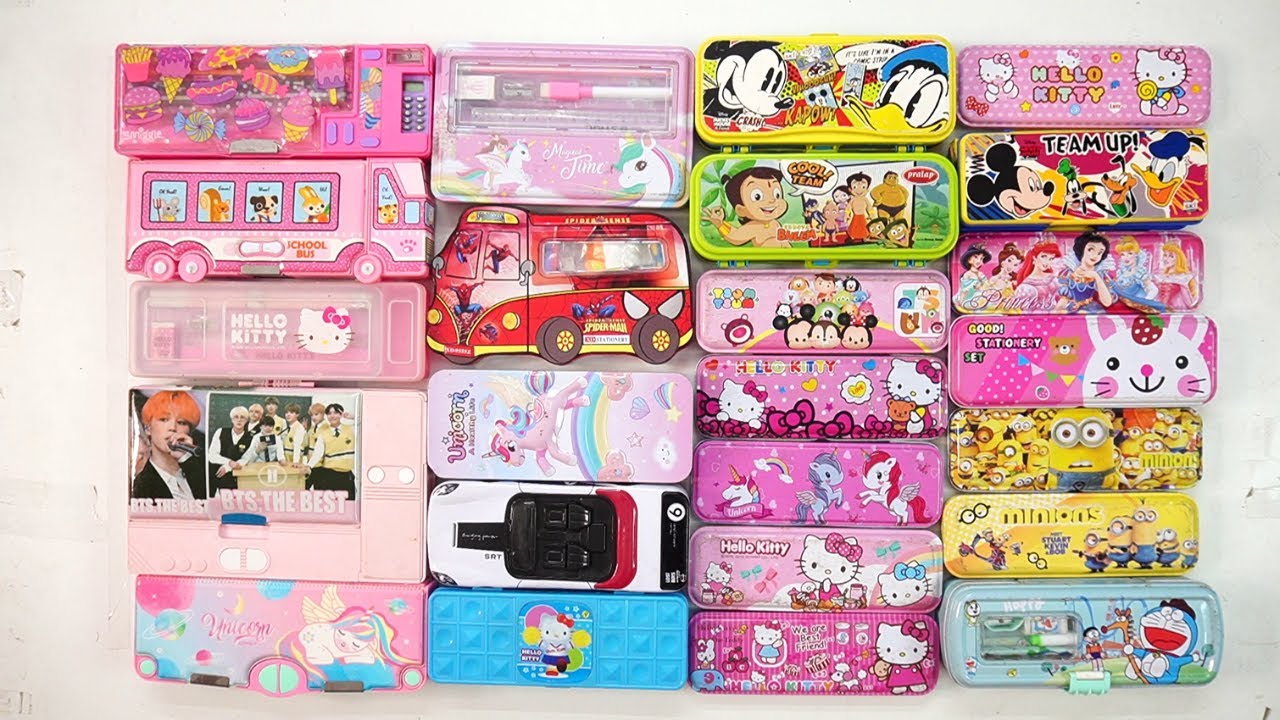cute unicorn stationery collection 😁 geometry,hello kitty,pencil box,sharpener,eraser,pouch