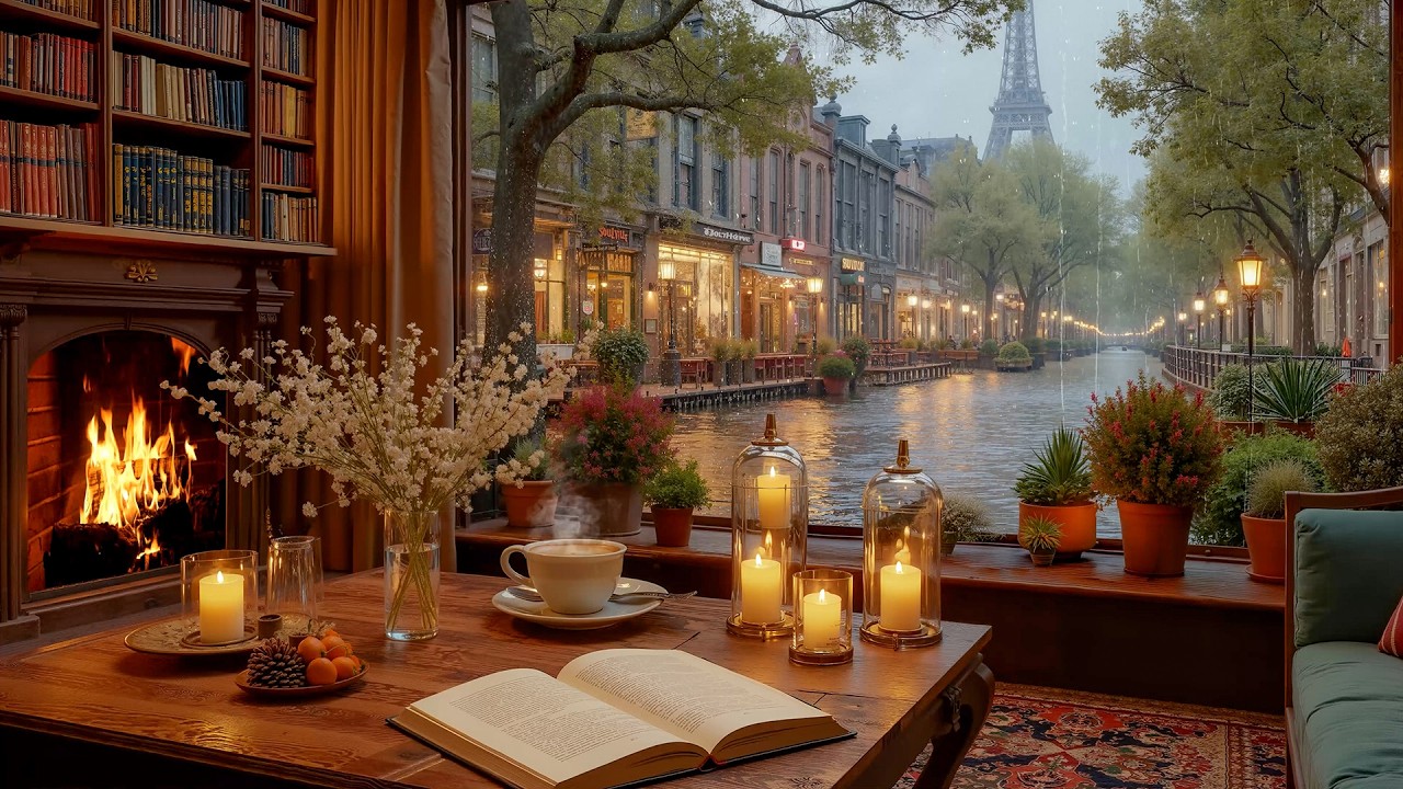Cozy March Rain | Soft Jazz Piano, Rain Sounds & Fireplace for Work & Study