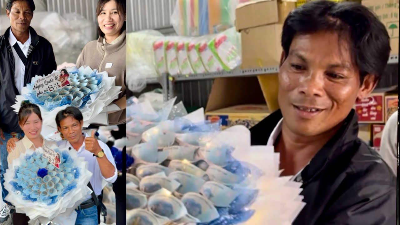 Quá bất ngờ Út mai rất vui 8 tháng 3 được anh Núi tìm tới cơ sở để tặng đóa hoa ngày Quốc tế phụ nữ