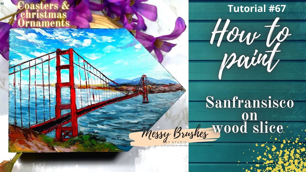 Cityscape Acrylic Painting tutorial on wood for Beginners/DIY California skyline| Golden gate bridge