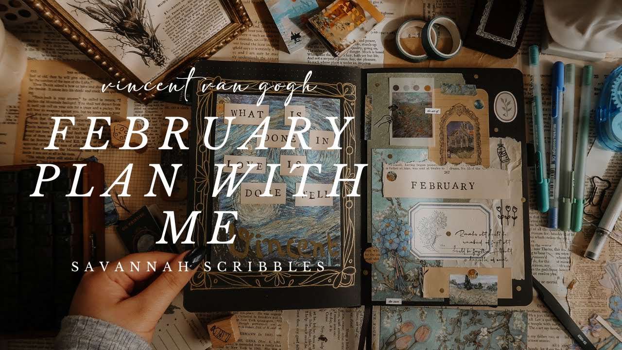 February 2024 Plan With Me I Van Gogh I Black Page Bujo 🖼