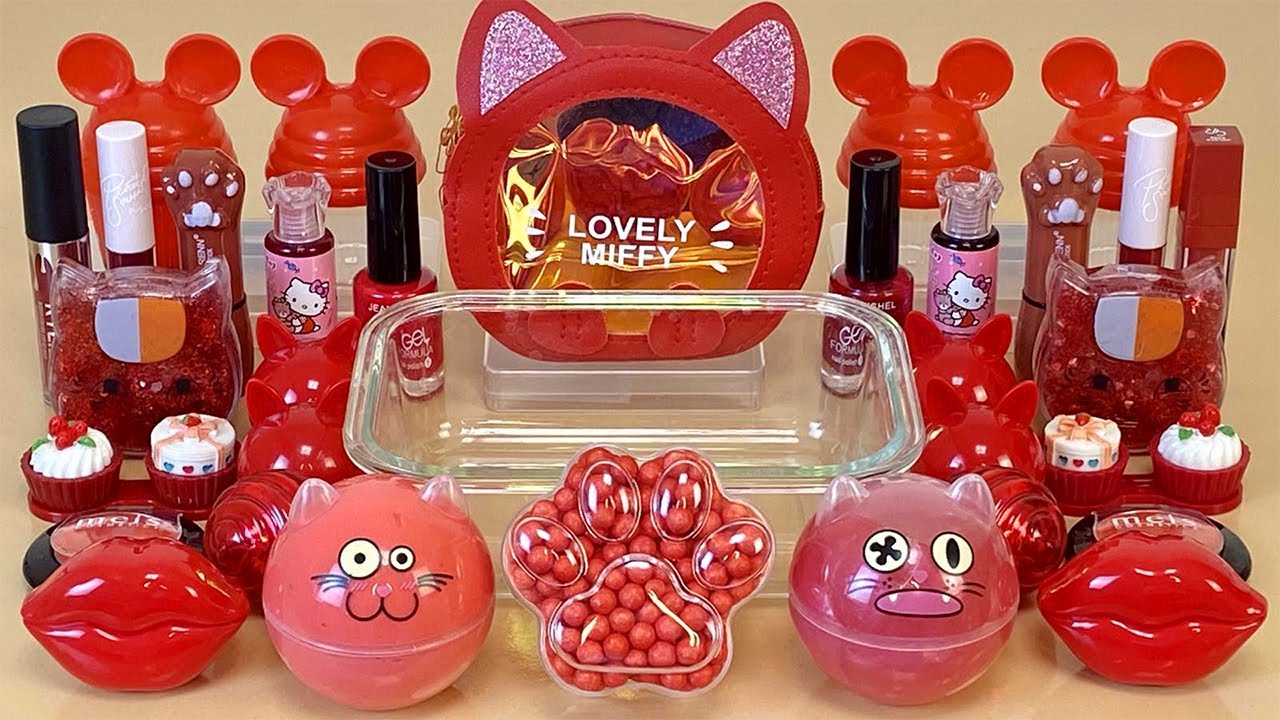 ASMR Slime 💖 Mixing ”RED” makeup, Eyeshadow, glitter into slime. Satisfying slime video.