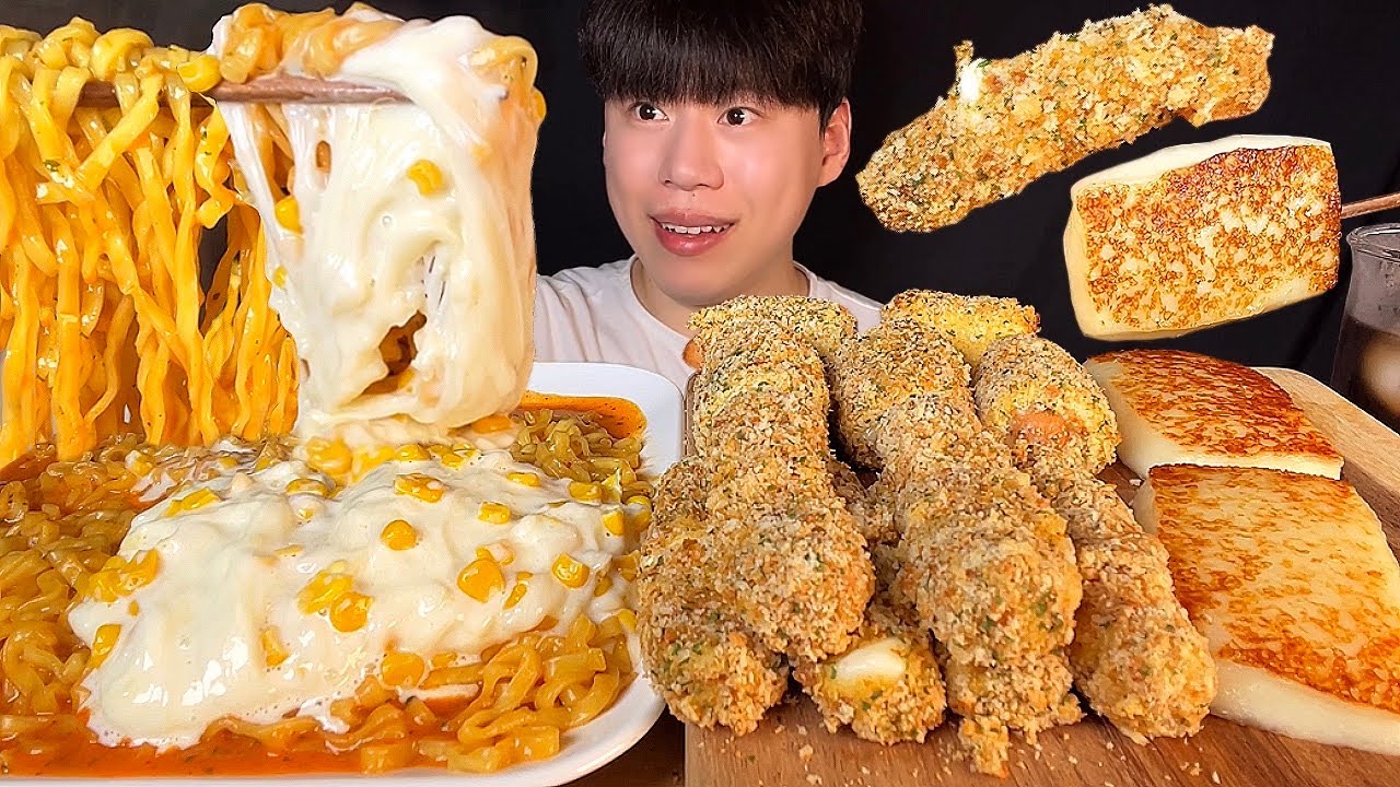 SUB) Корейская еда, кукурузный сыр, лапша булдак, сырная палочка, хот-дог, мукбанг асмр