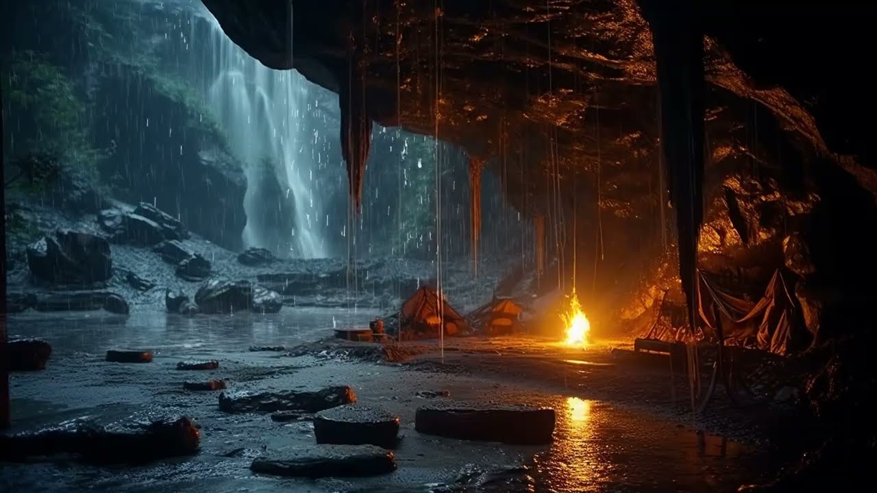 Hidden Cave In Forest On Rainy Night: Campfire, Rain For Meditation, Relaxation