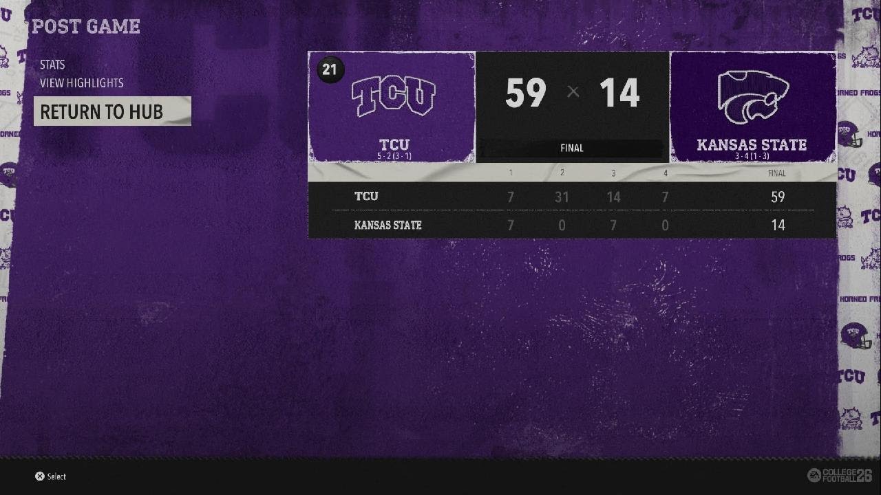 EA SPORTS College Football 26 Sooner Magic Dynasty 2031 Week 8 TCU @ Kansas State