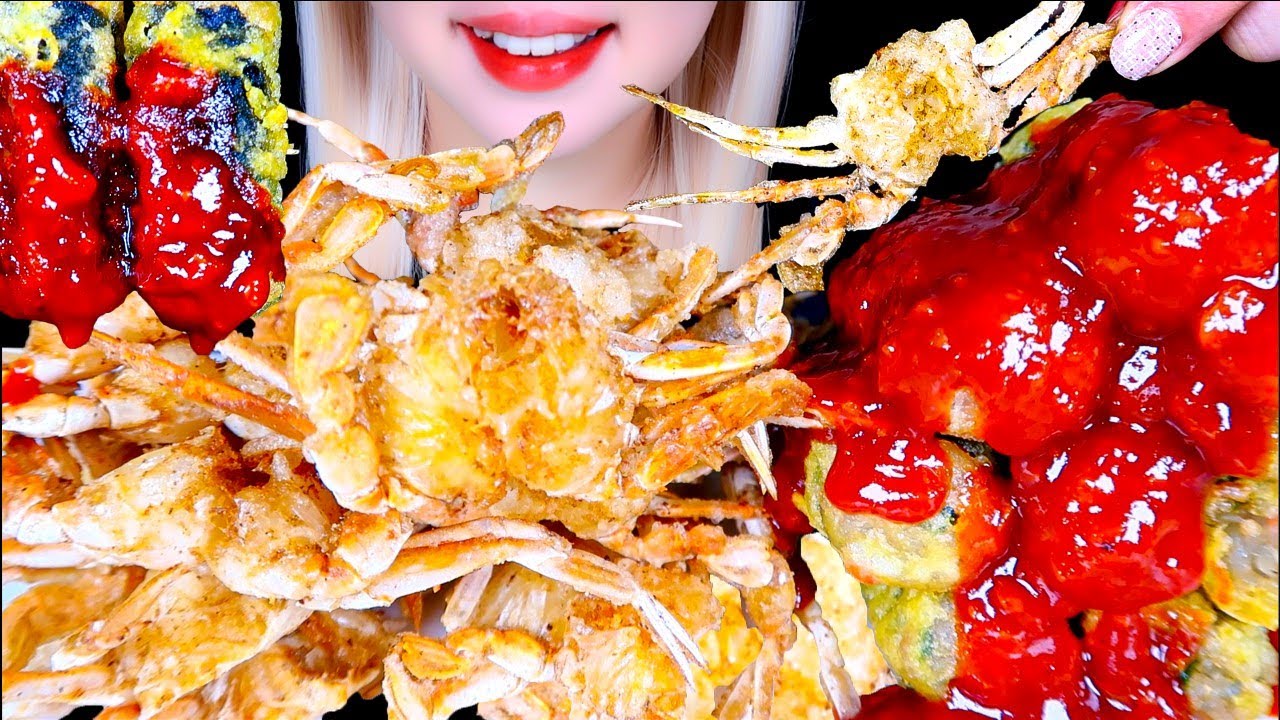 ASMR Жареные крабы 🦀 и рулеты из морской капусты (Gimmari) Мукбанг Звуки еды