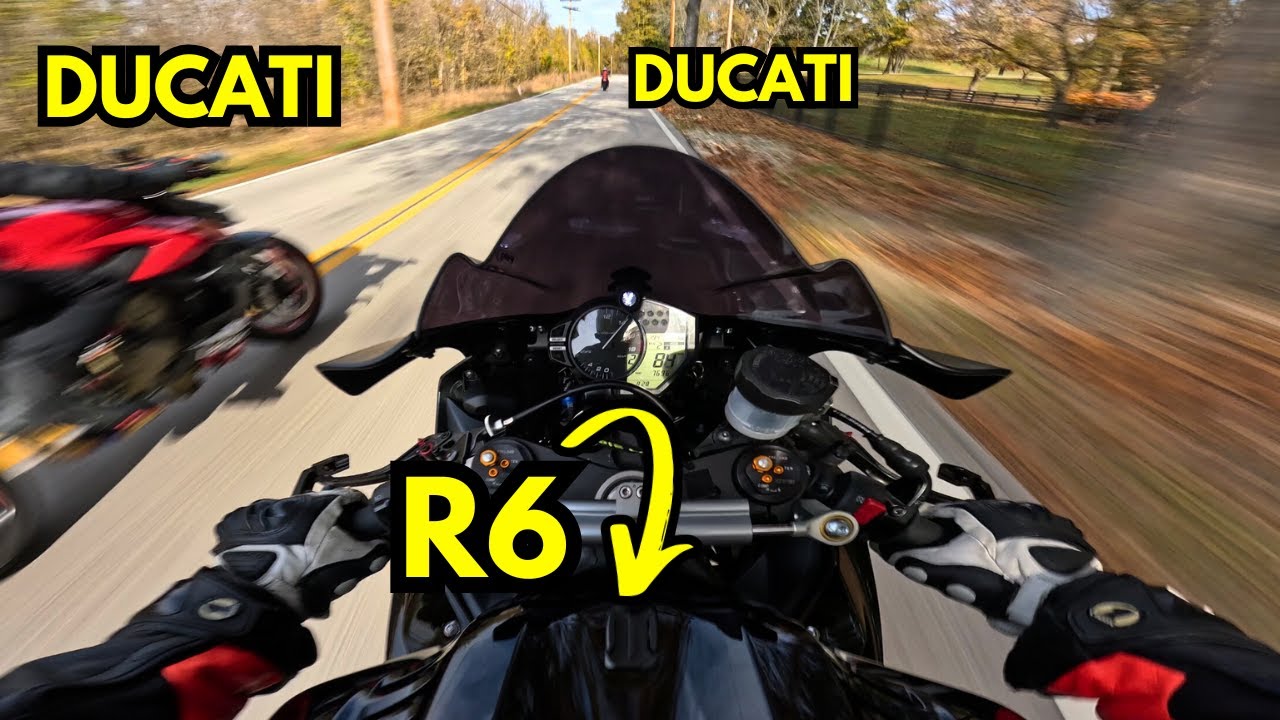 YAMAHA R6 CHASES DOWN 1000CC DUCATIS ON TWISTY ROAD