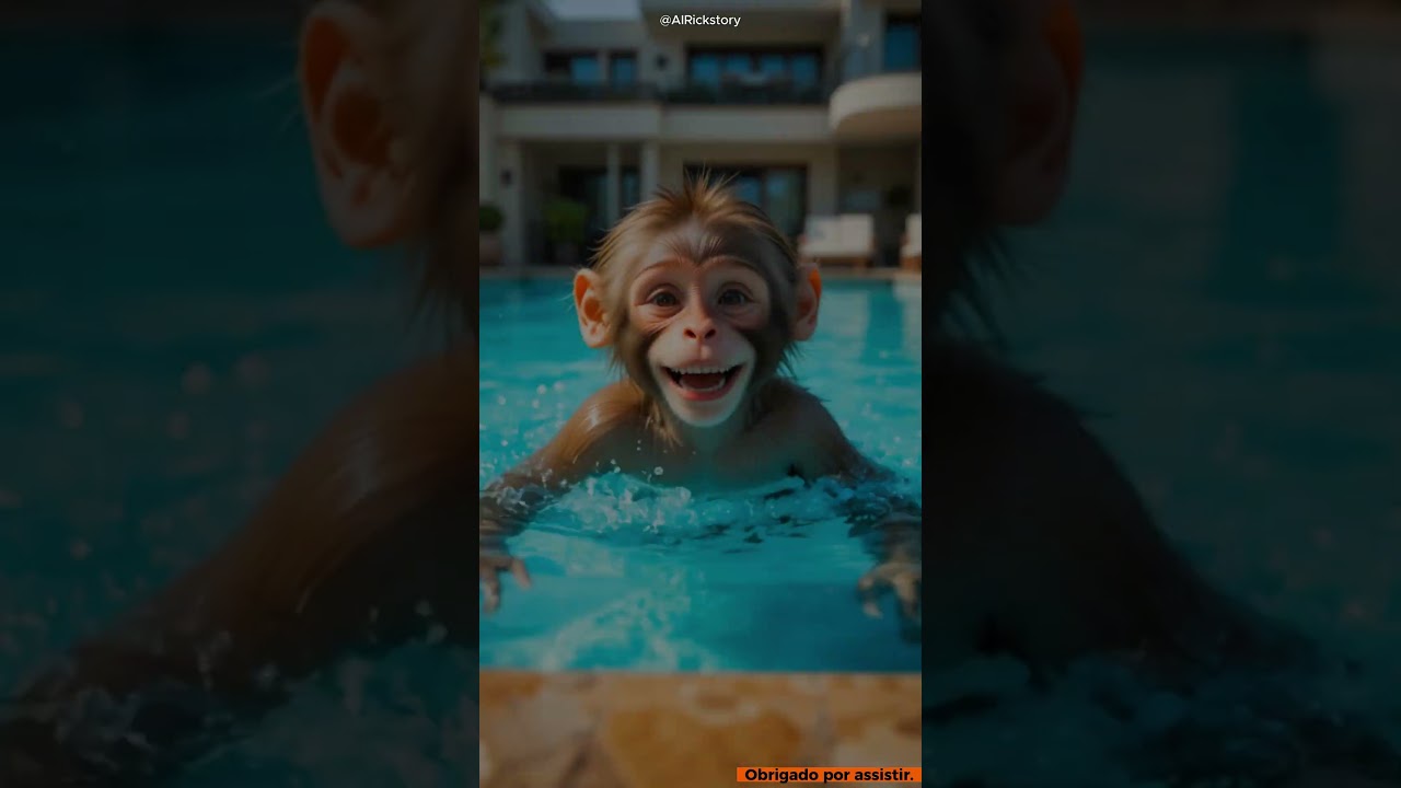 Bebê fofo toma banho na piscina e o macaco rouba a água 😭