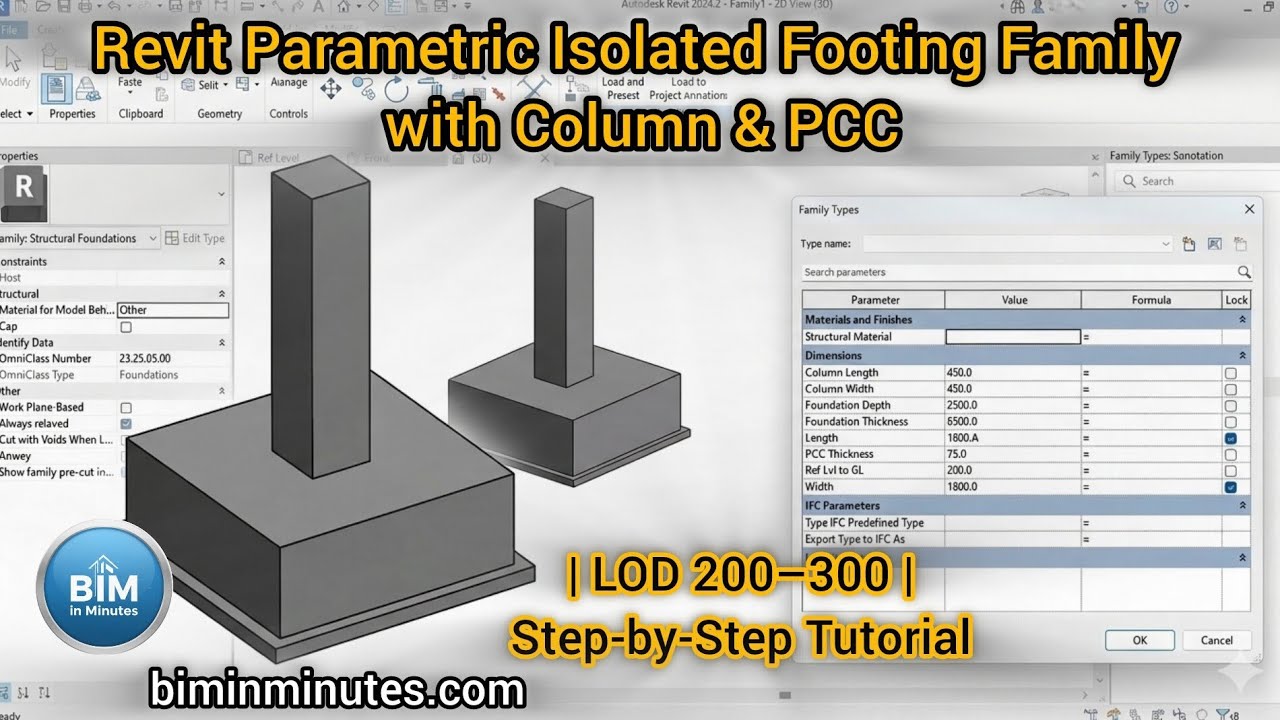 Revit Parametric Isolated Footing Family with Column & PCC | LOD 200–300 | Step-by-Step Tutorial