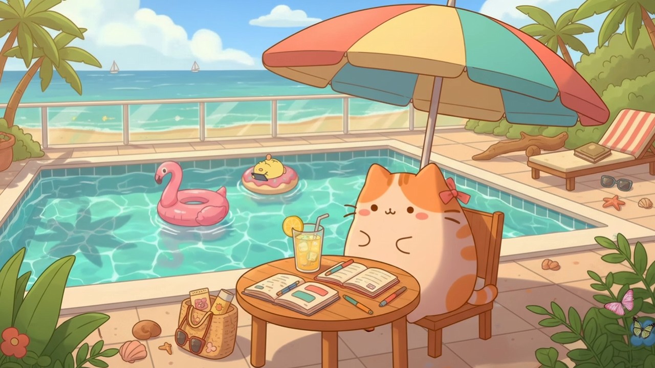 Mochi’s Summer Study by the Pool ☀️📚 Chill Tropical Lofi Beats for Focus Relaxation 🌊🎧