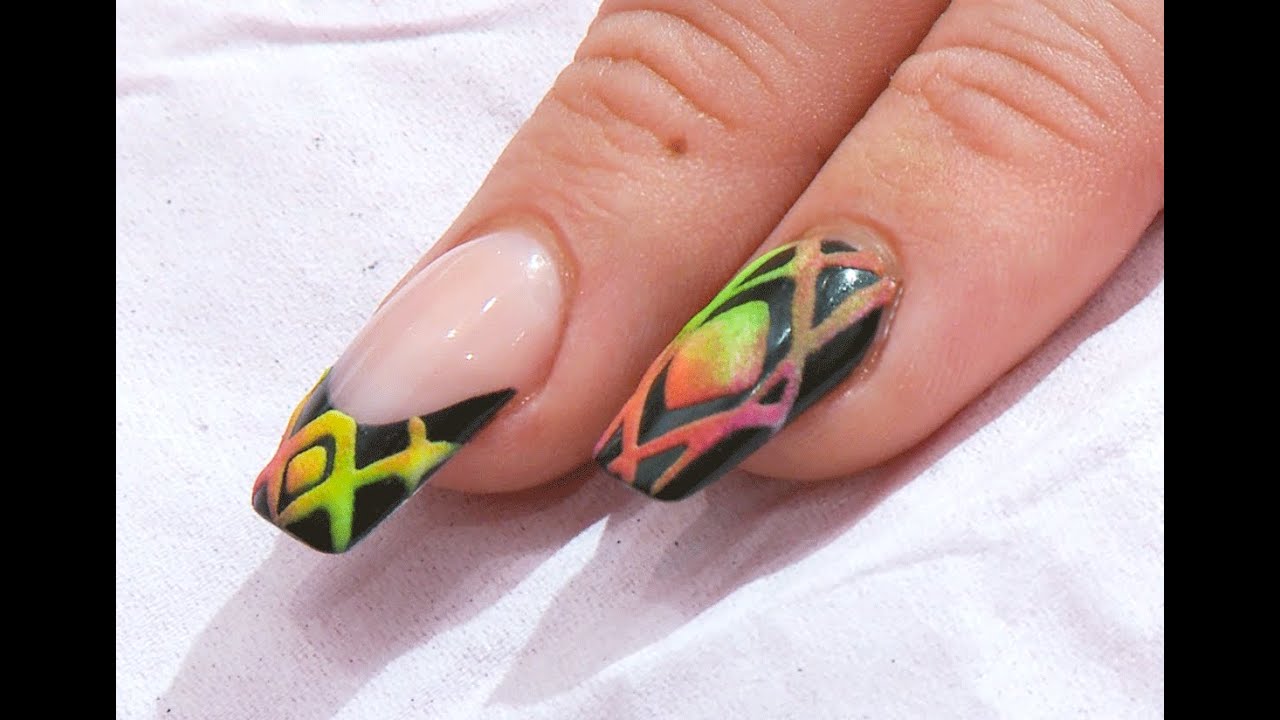 Matte on Gloss - Neon Aztec on Black Acrylic and Gel Nail Art Design Tutorial