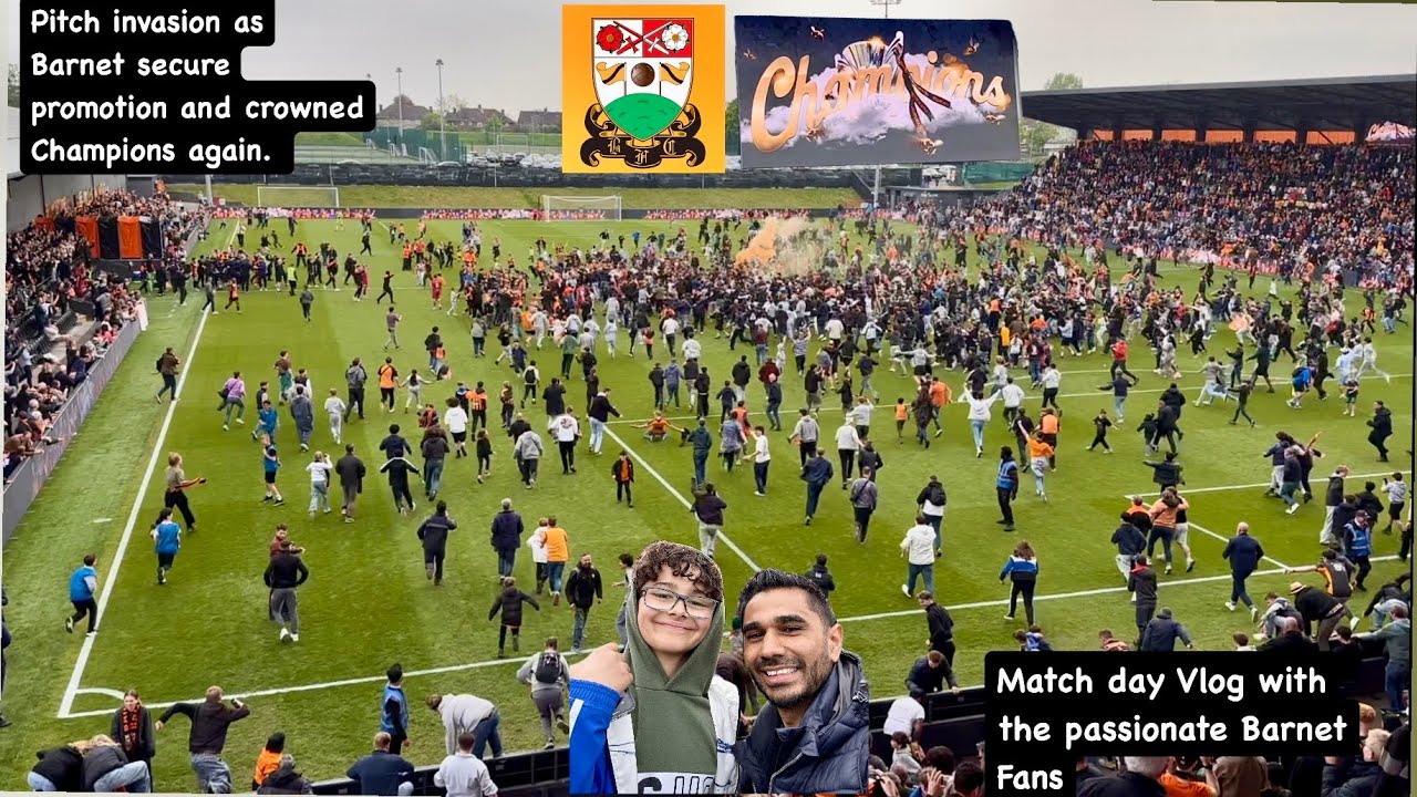 Barnet v Aldershot.Pitch invasion as Barnet are crowned champions & secure promotion.Match day vlog.
