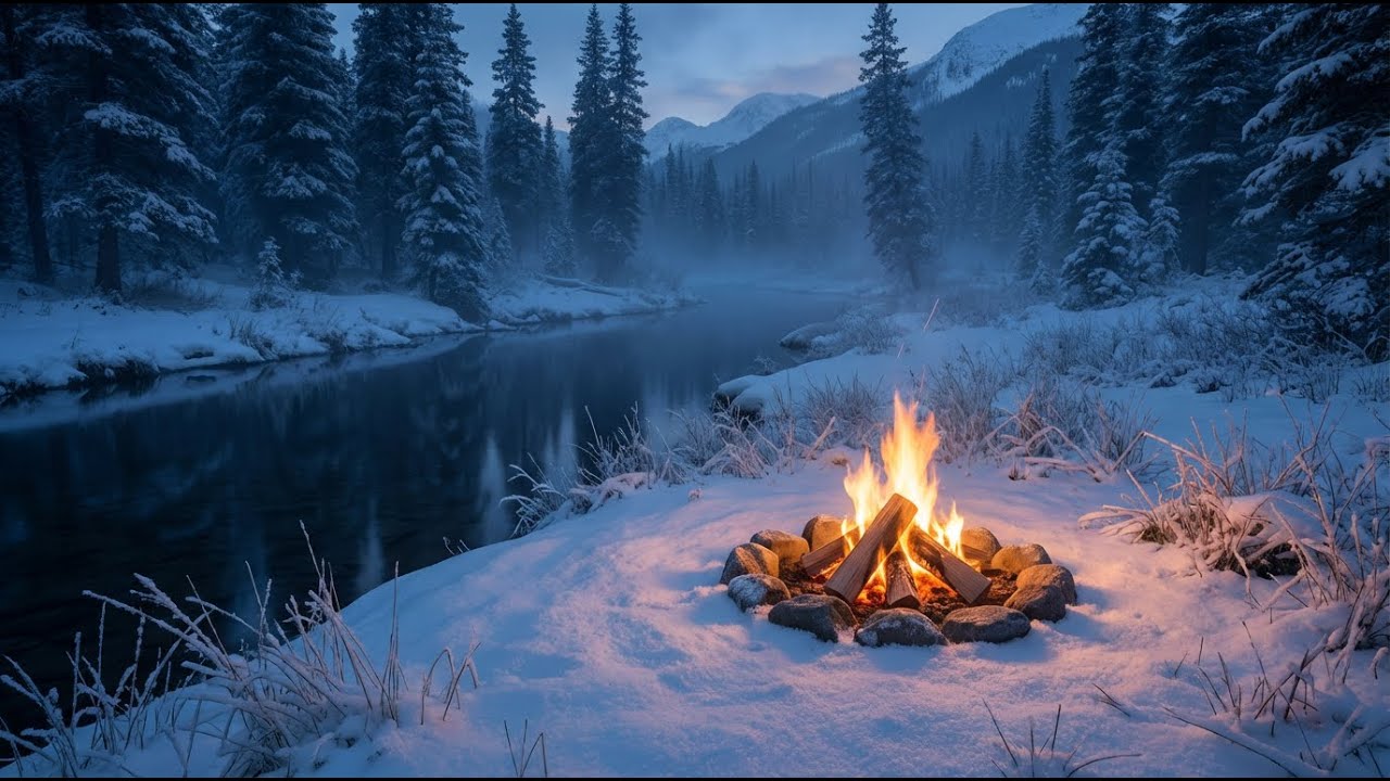 You’re Sitting by a Frozen River at Night 🔥❄️ Crackling Campfire & Deep Winter Calm