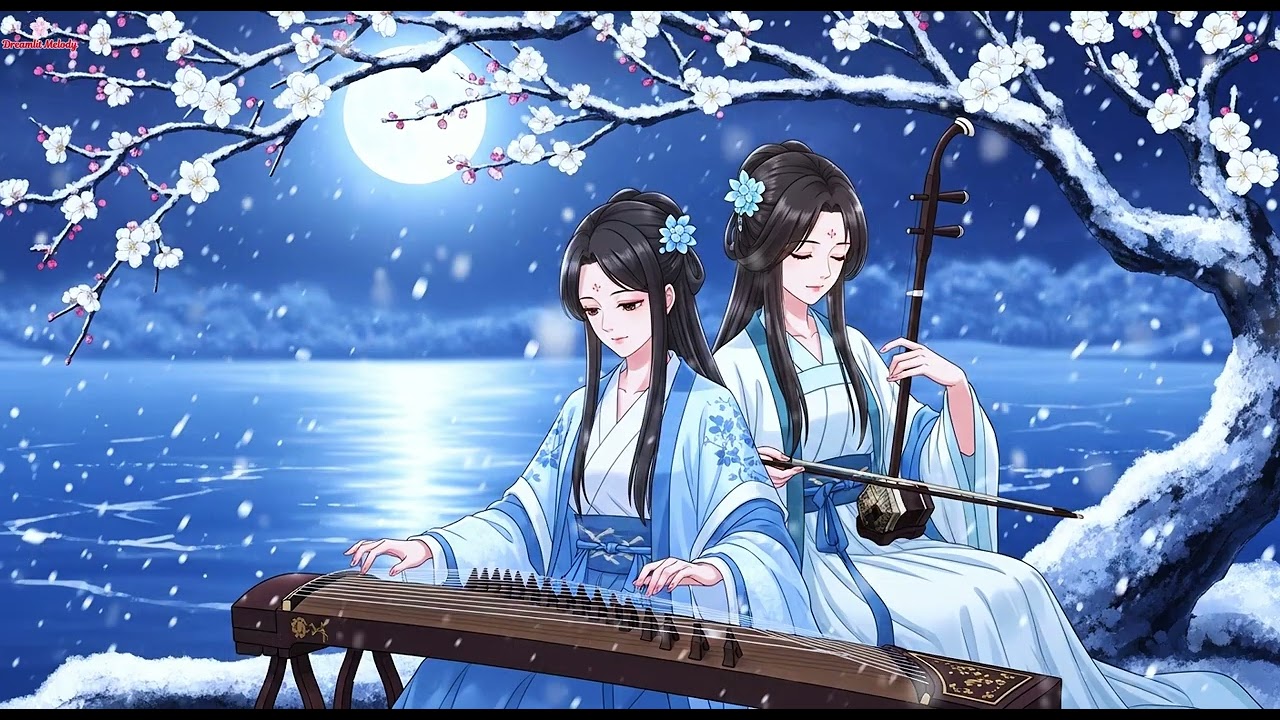 「🌙 月夜冰湖 · 冬之梦的弦音」 Moonlit Winter Harmony · Strings of a Winter Dream Beneath the Blooming Tree🌿🎶