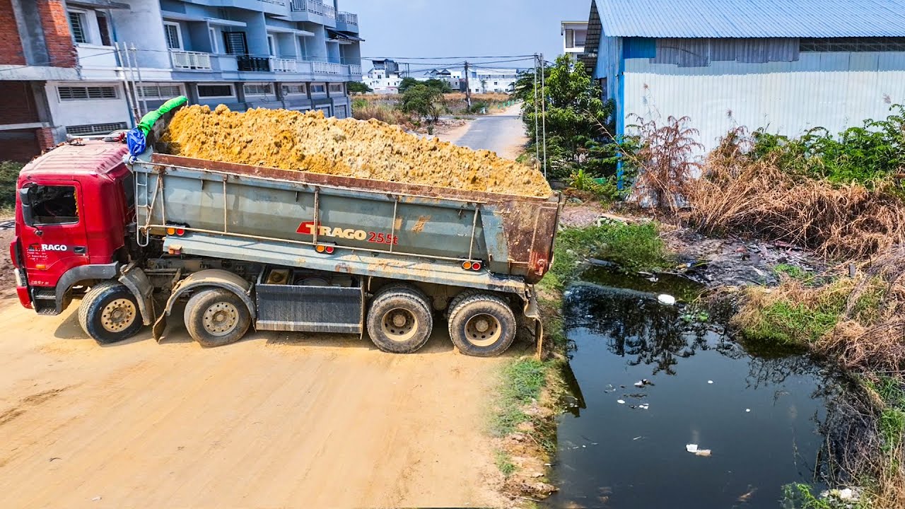 Start Opening Amazing Project!! Landfill Delete Flooded By Truck 25.5ton Dumping Soil With Dozer