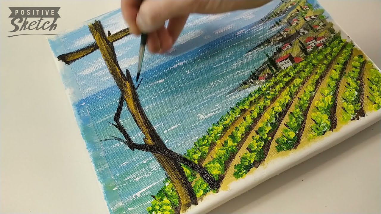 Acrylic painting, How to paint grapes, Vineyard, Landscape