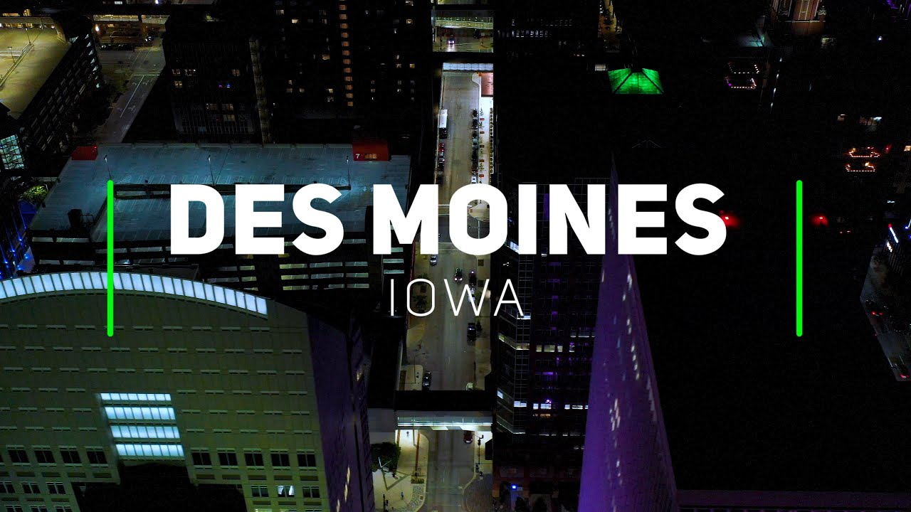 Des Moines by night, Iowa | 4K drone video