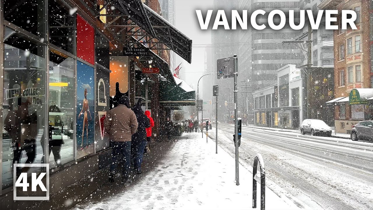 【4K】Snowy Walk in Downtown Vancouver from Morning to Night (Relaxing Sounds Of Snowfall  )