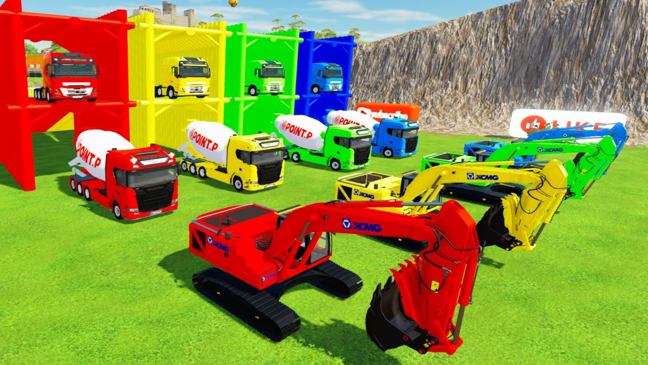 Garage Full Color - COLORFUL XCMG EXCAVATOR, SCANIA MIXER CEMENT TRUCK TRANSPORTING WITH VOLVO TRUCK