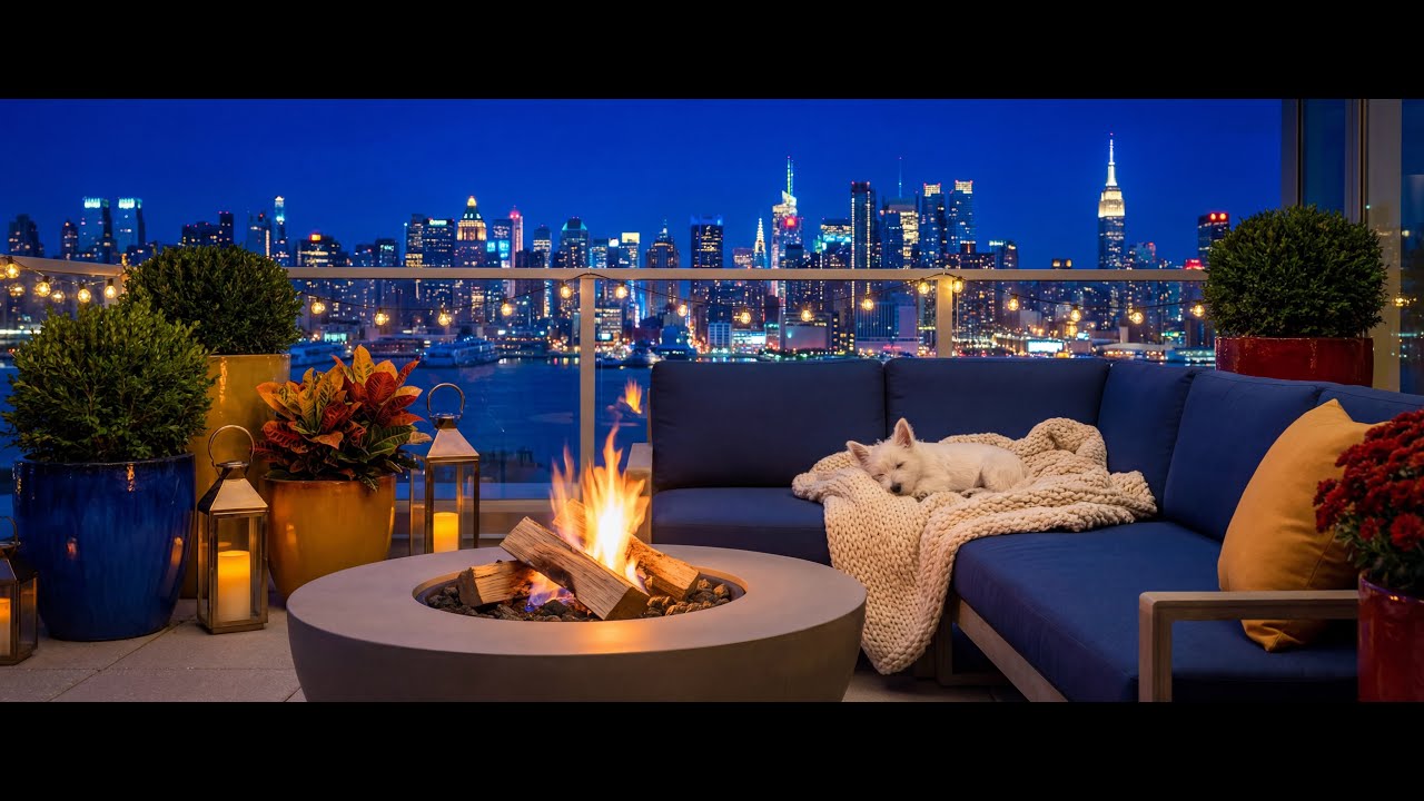 NYC Rooftop Night – Relaxing Jazz & Sleeping Westie  (1 Hour)