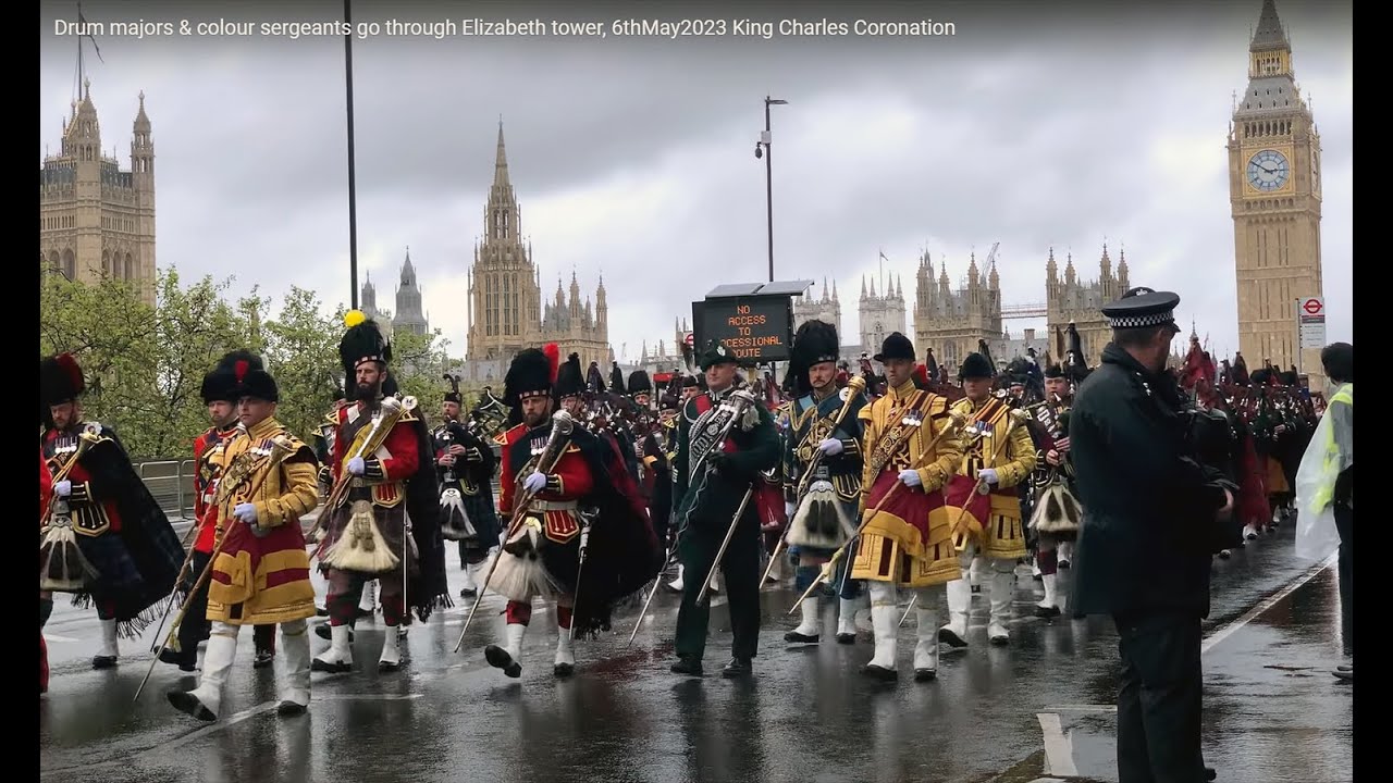 Drum majors & colour sergeants go by Elizabeth tower, 6thMay2023 King Charles Coronation