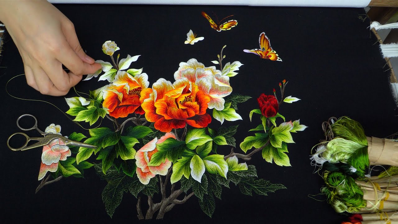 [Download Pattern] [Step by Step] Beautiful Peonies Flower Embroidery Designs Tutorial