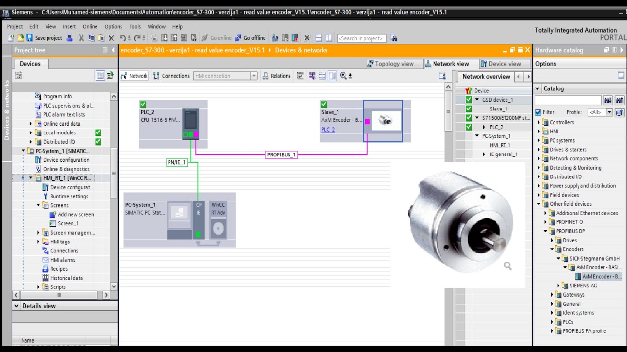 Абсолютный энкодер TIA Portal S7-1500 PROFIBUS — считывание значения