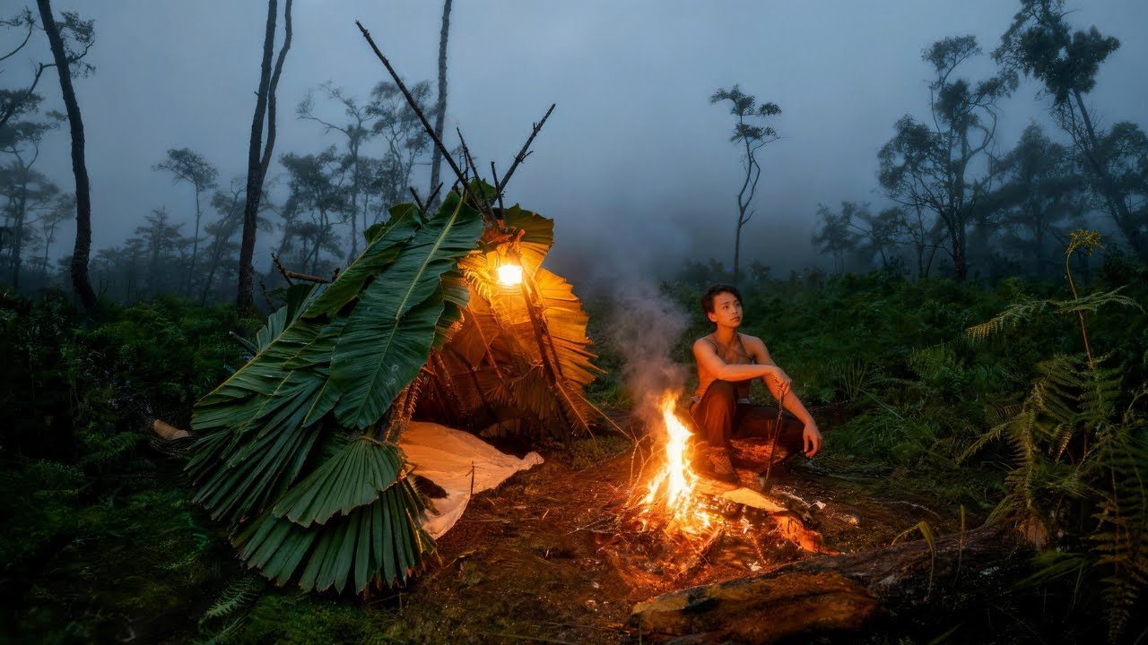 Built a Cozy Shelter From HUGE LEAF in Rain (No Nails, Only Nature)