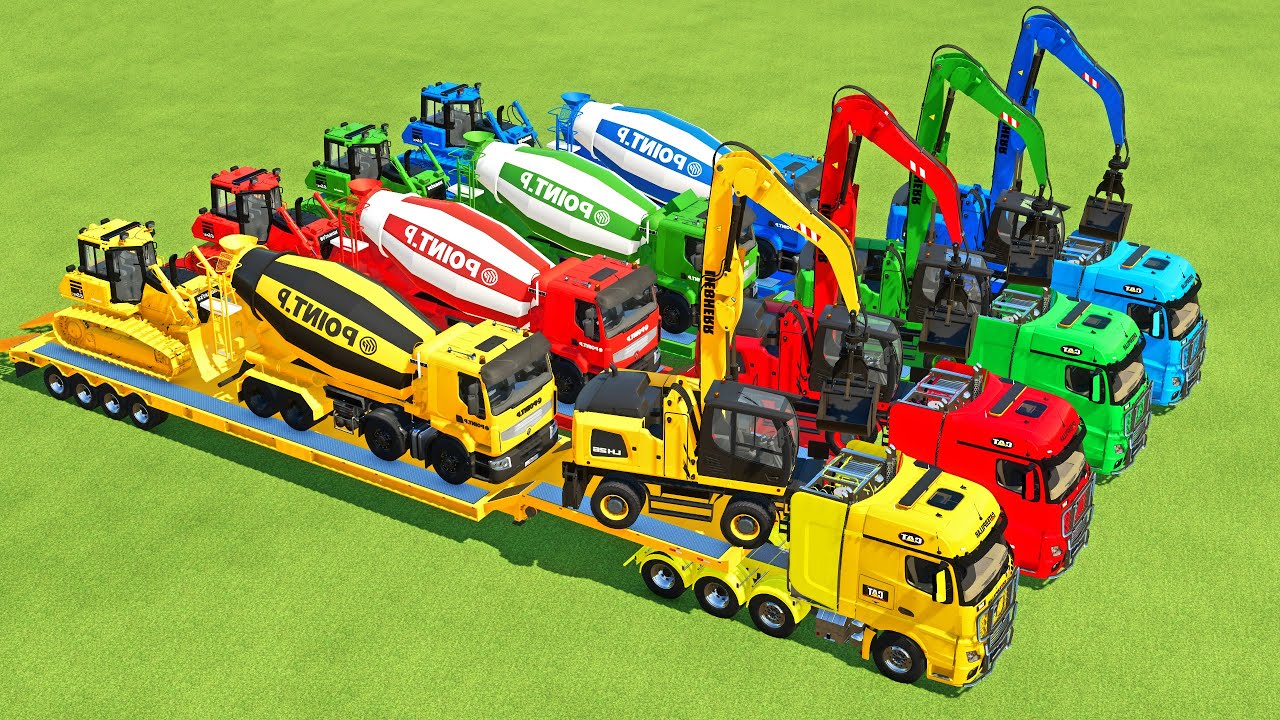 TRANSPORTING EXCAVATOR, RENAULT POLIMIX MIXER TRUCK, BULLDOZER TO GARAGE WITH MERCEDES TRUCK - FS22