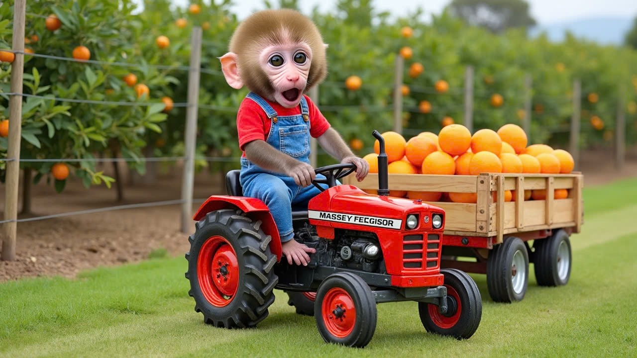 Monkey Nana drives a tractor to build a fence protecting the orange orchard from thieves