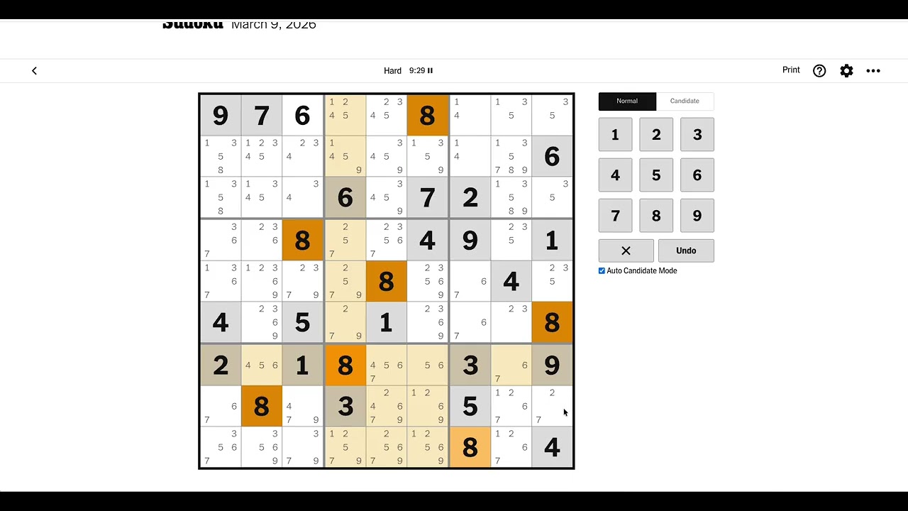 NYT Sudoku Hard Today Answer  | March 9, 2026