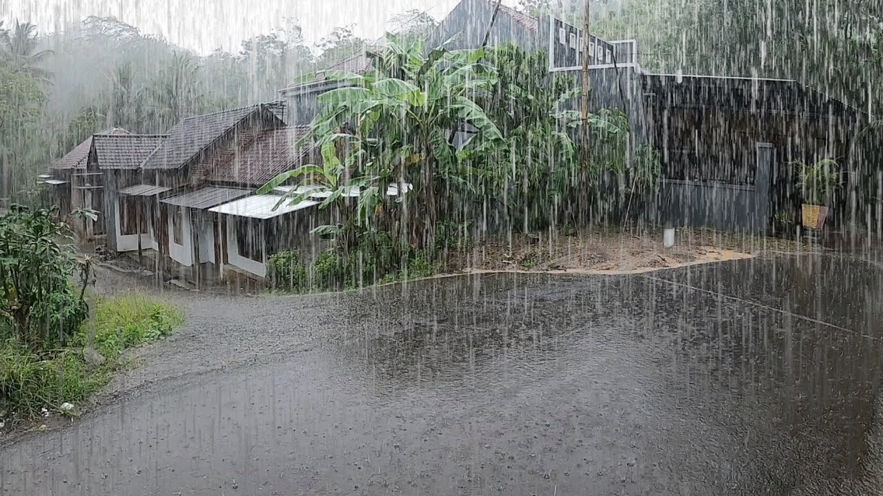 сильный дождь и гром в красивой деревне | спокойная и прохладная атмосфера