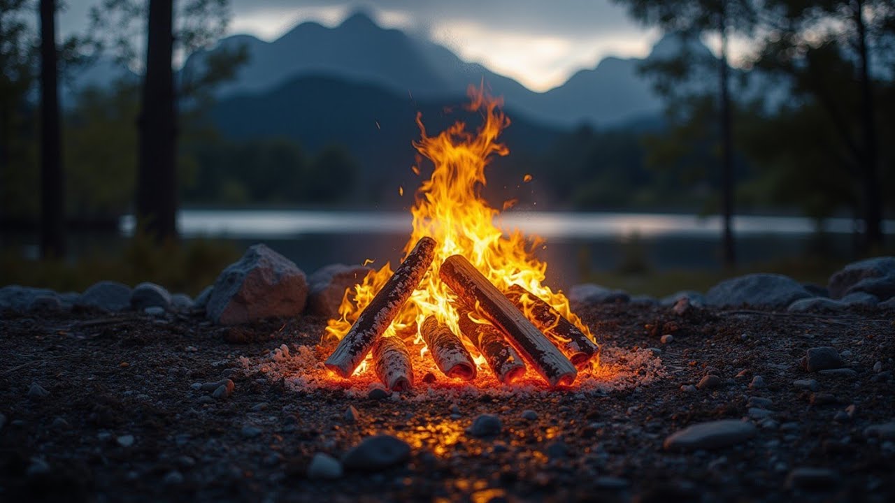 Peaceful Mountain Lake Campfire Crackling Fire ASMR Sound Ambience for Relaxation