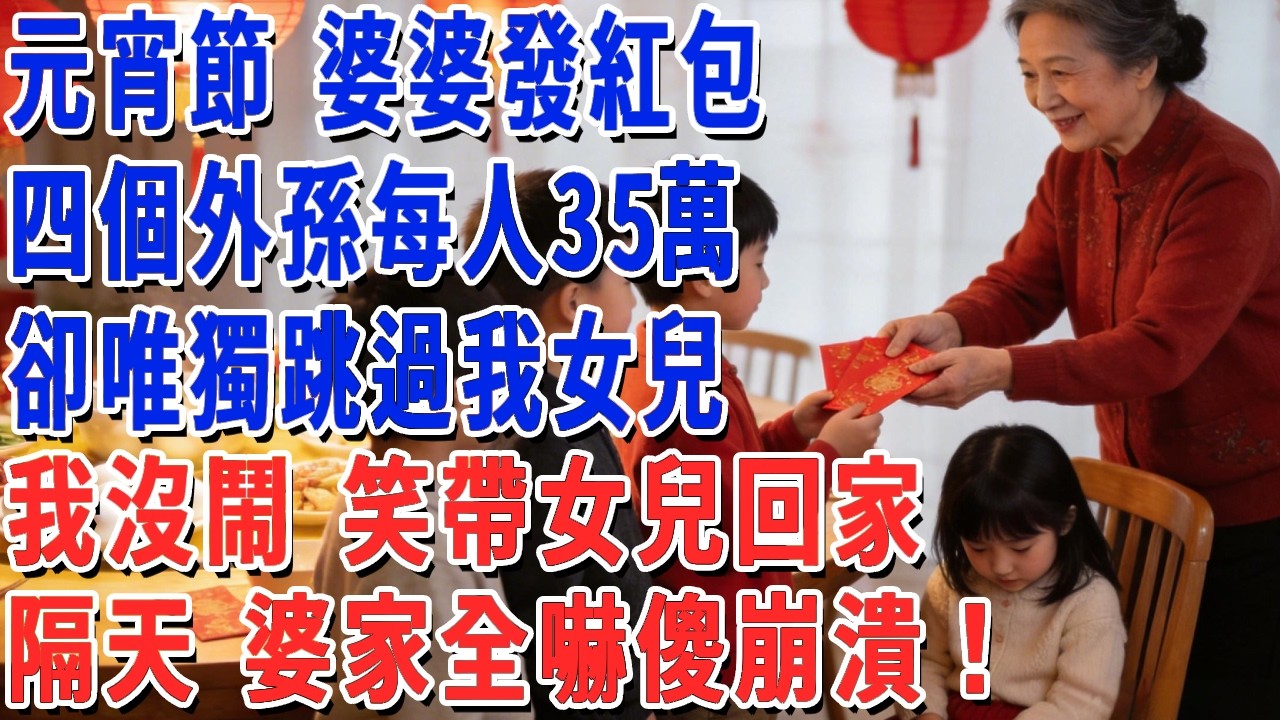 元宵節前 婆婆發紅包，四個外孫每人35萬，卻唯獨跳過我女兒，我沒鬧 笑著帶女兒回家，隔天 婆家全嚇傻 崩潰求饒！#妮妮故事會 #情感故事 #老年生活