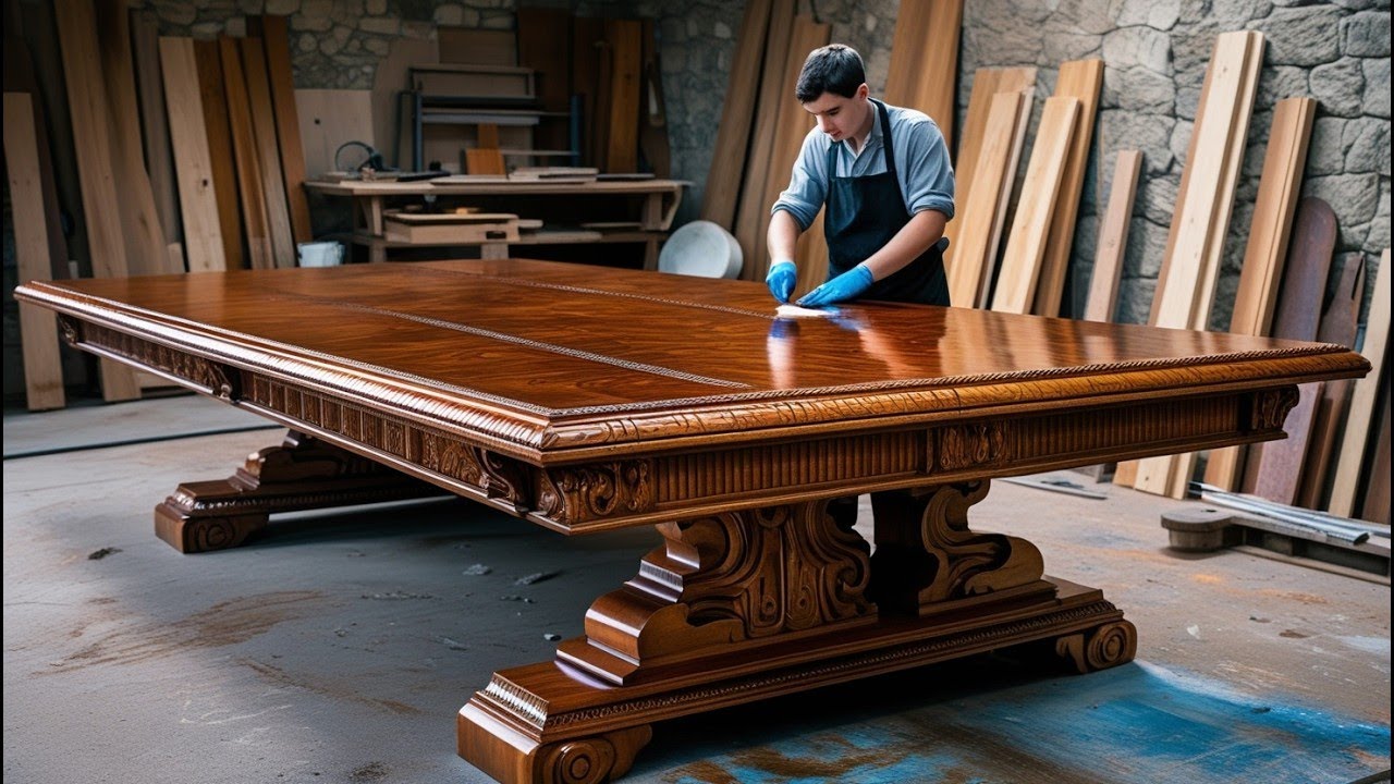 Creative Journey Turning Idea into Masterpieces: Luxury Wooden Table & Golden Hands Young Carpenter