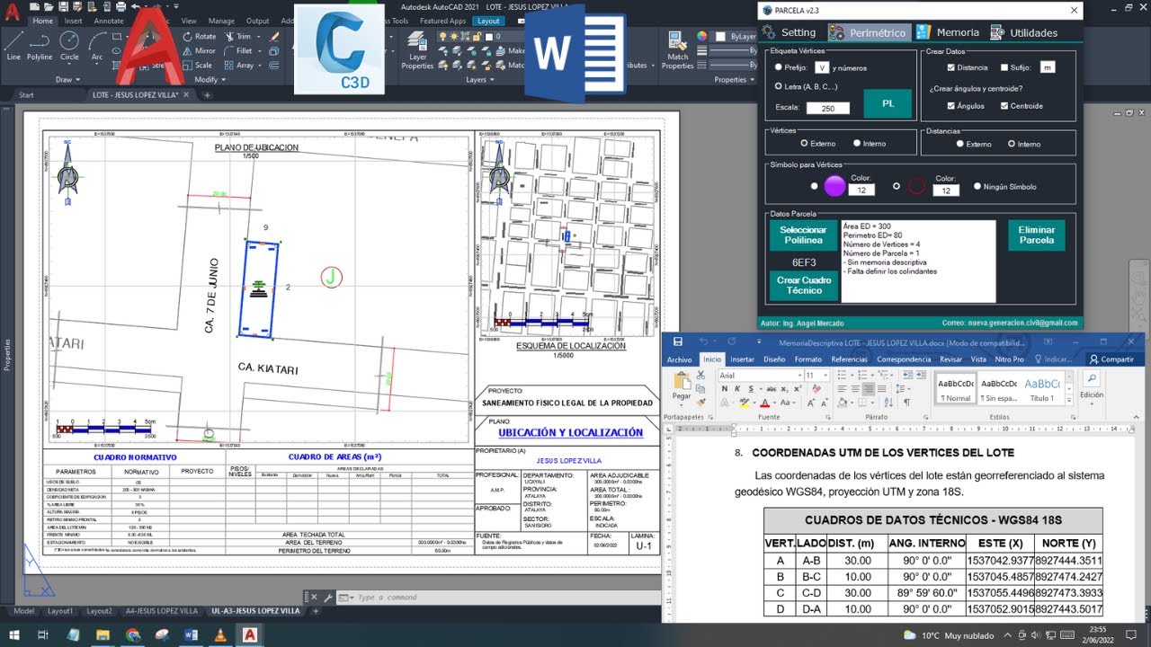 PLANO PERIMETRICO, UBICACION Y LOCALIZACION Y MEMORIA DESCRIPTIVA DE LOTE URBANO CON AUTOCAD PARCELA