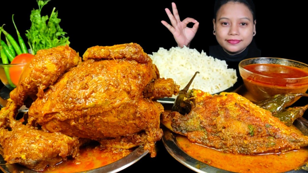 ASMR EATING SPICY WHOLE CHICKEN CURRY WITH BASMATI RICE | FISH CURRY & SALAD MUKBANG