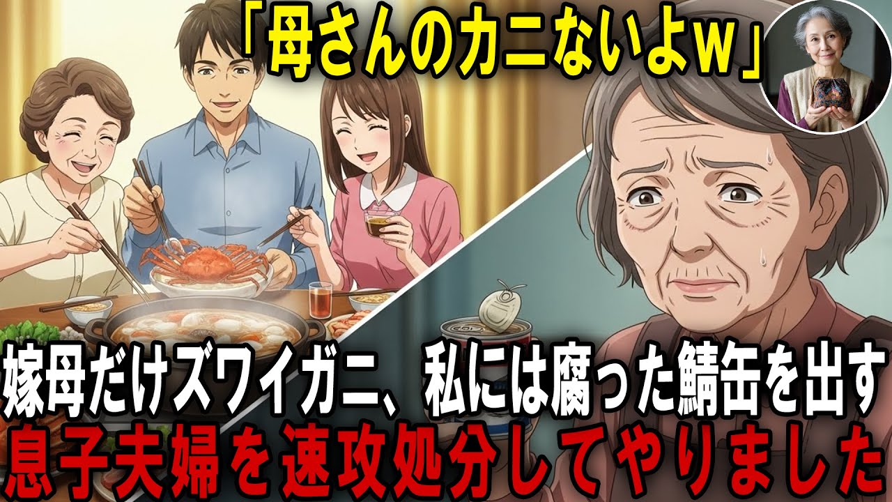 嫁母には高級カニ鍋、私には鯖缶の水にを出し嘲笑う息子夫婦。我慢の限界だったので速攻処分した結果