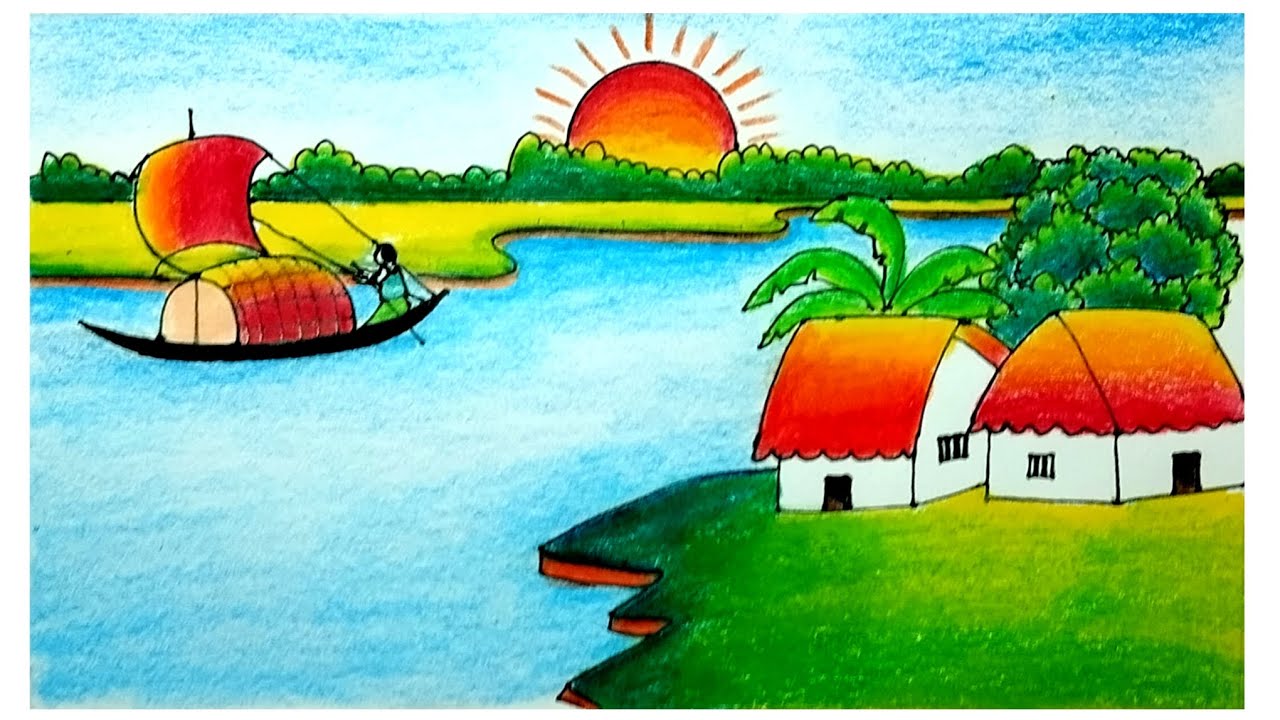 Village scenery drawing/beautiful village landscape scenery drawing with colour pencil/village art