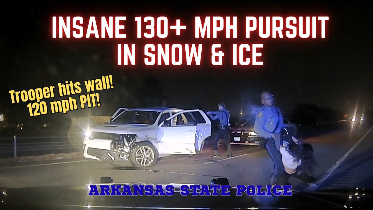 WILD High Speed Pursuit in snow & ice wrecks Arkansas State Police Trooper - Others join in w/ PIT