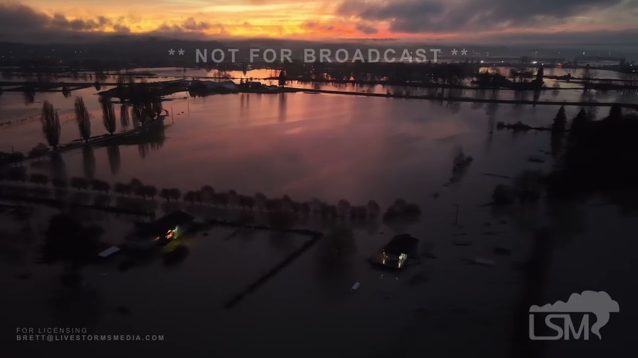 12-12-2025 Snohomish, WA - Major Flooding Drone Sunset - Disaster and Beauty Combined