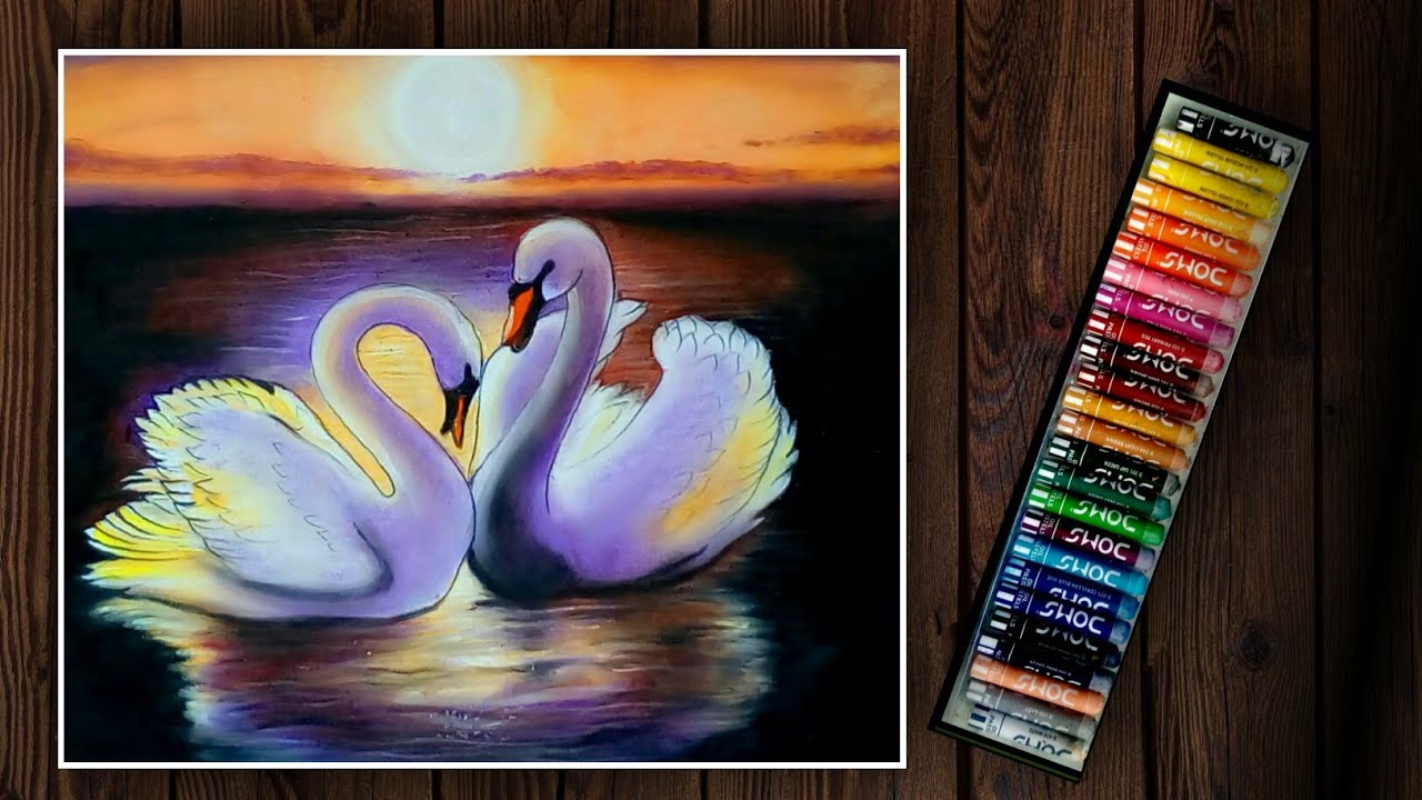 Beautiful swan pair painting # Oilpastel drawing # How to draw swan easily # Sunset scenery drawing❤