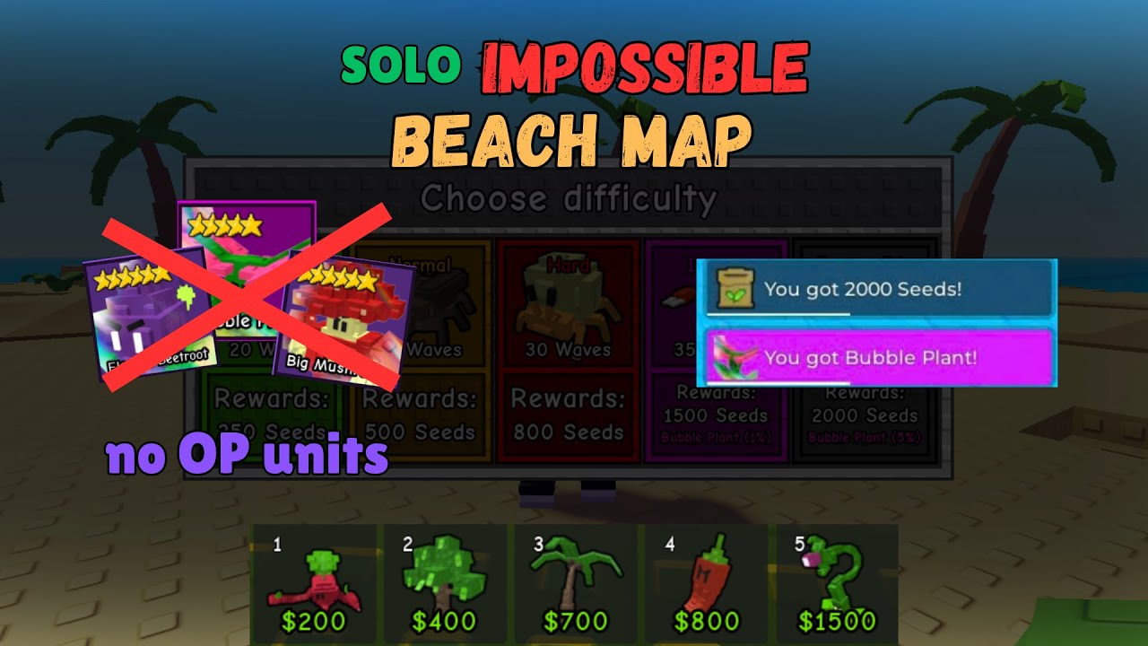 BASIC UNITS ONLY, SOLO IMPOSSIBLE Beach Map | Garden Tower Defense