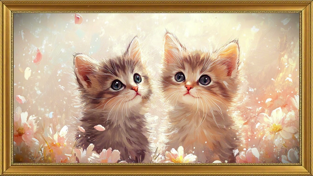 HAPPY CATS | Vintage TV oil art painting | Gold frame TV art | Art screensaver for TV 1 hrs