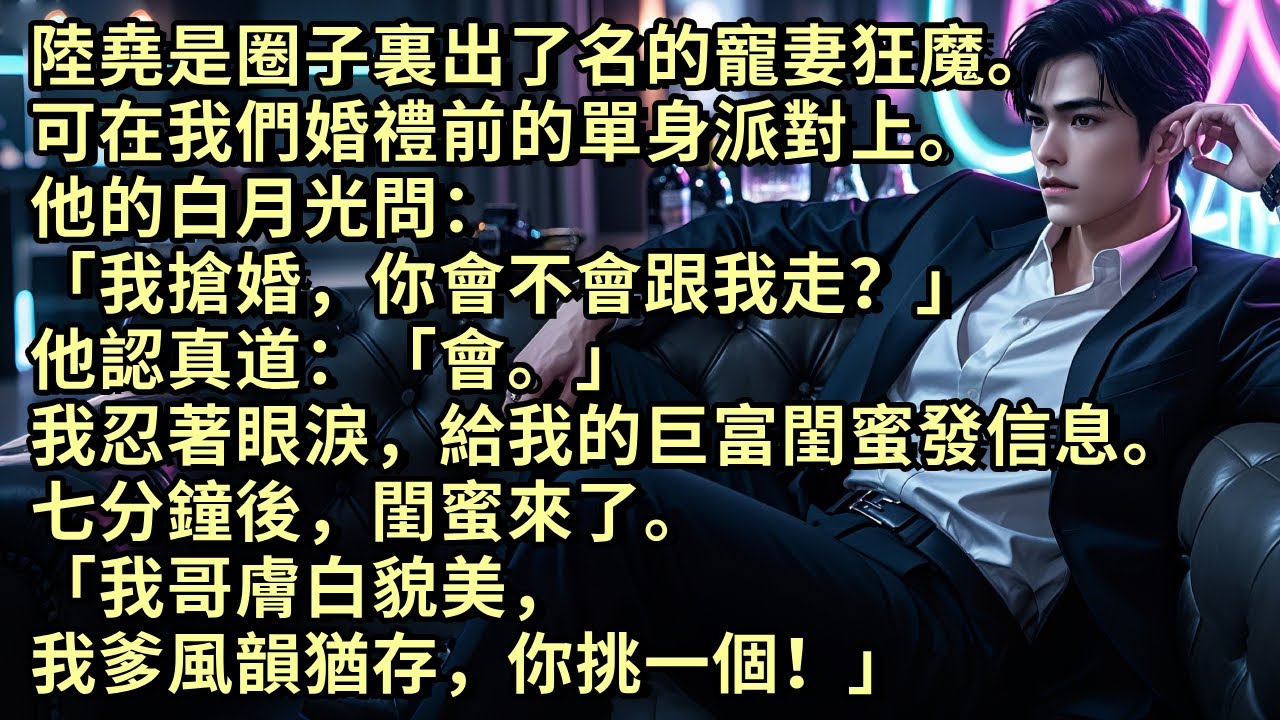 陸堯是圈子裏出了名的寵妻狂魔。可在我們婚禮前的單身派對上。 他的白月光問：「若我搶婚，你會不會跟我走？」他道「會。」 我忍著眼淚，給我的巨富閨蜜發信息。她说「我哥膚白貌美，我爹風韻猶存，你挑一個！」