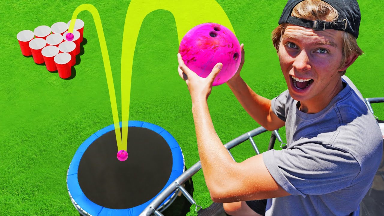 Bowling Ball Bounce off TRAMPOLINE TOWER! *GIANT CUP PONG*