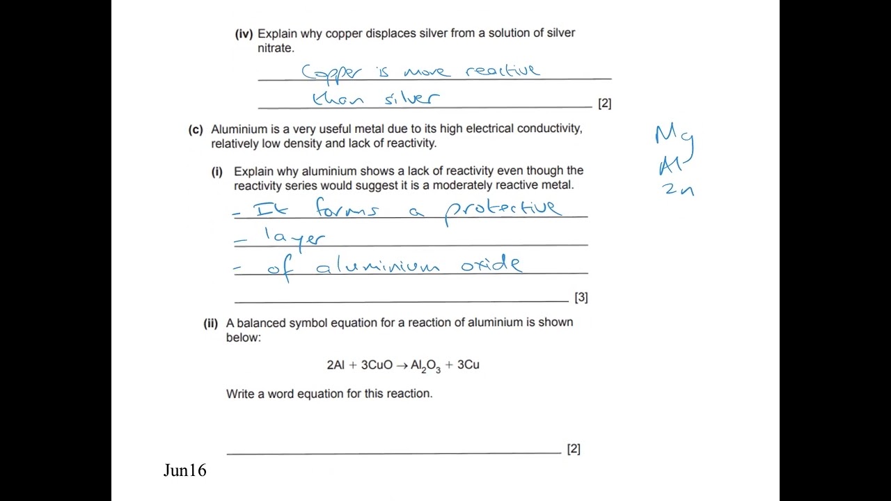 Metals and reactivity series Past paper questions and answers
